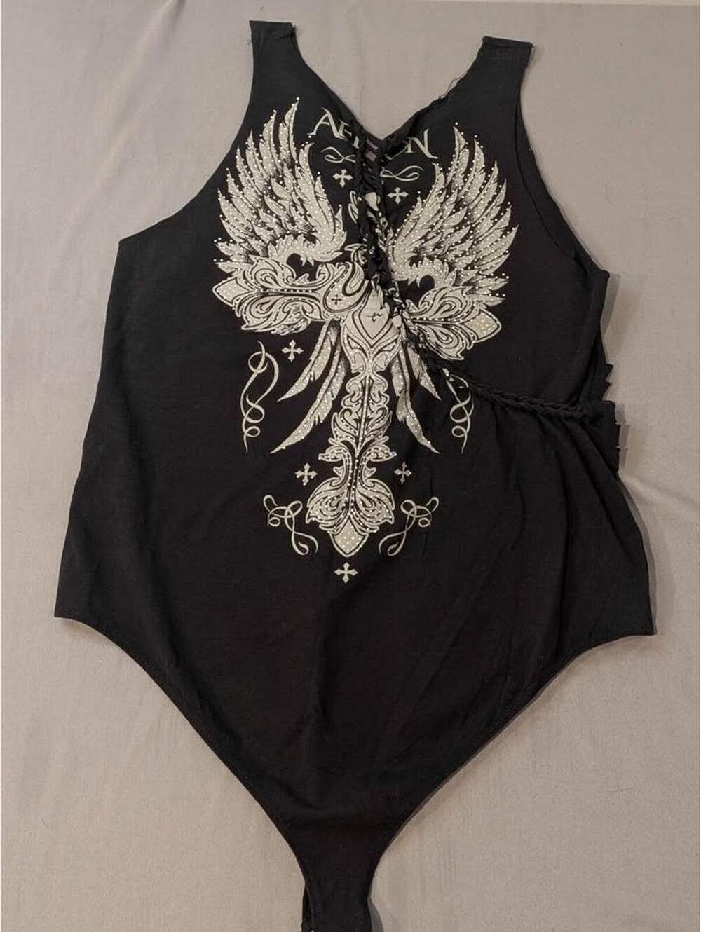 Affliction Black Sparkly Wing Bodysuit 17in Bust